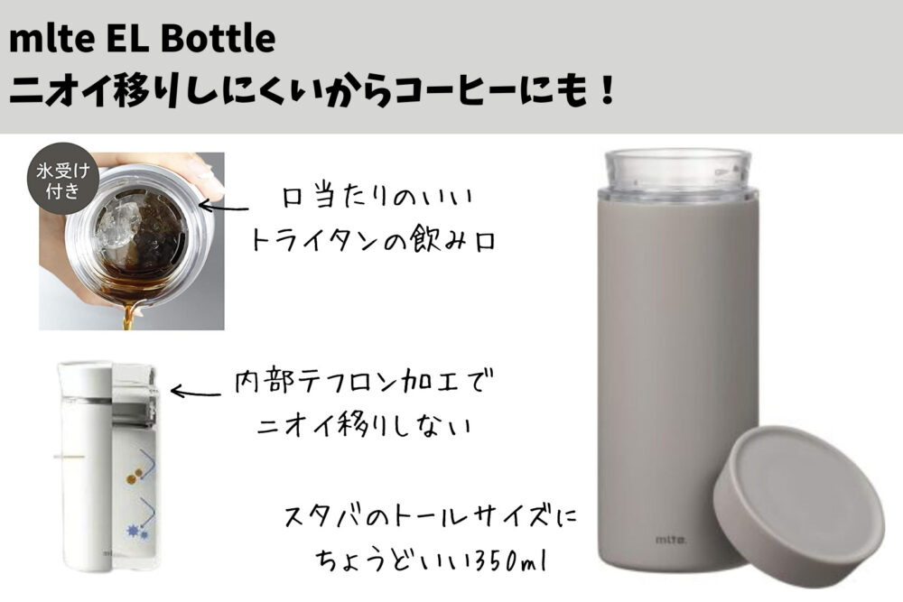 molte EL bottleはにおい移りしにくい加工がしてあるからコーヒーにもちょうどいい！
350mlがスタバのトールサイズにもちょうどいい